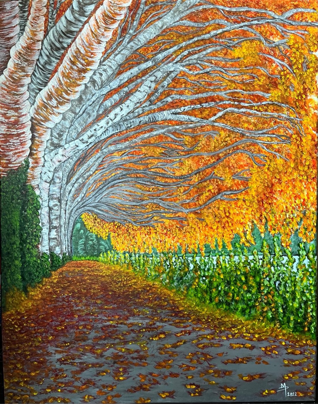 Autumn path under birch trees painting