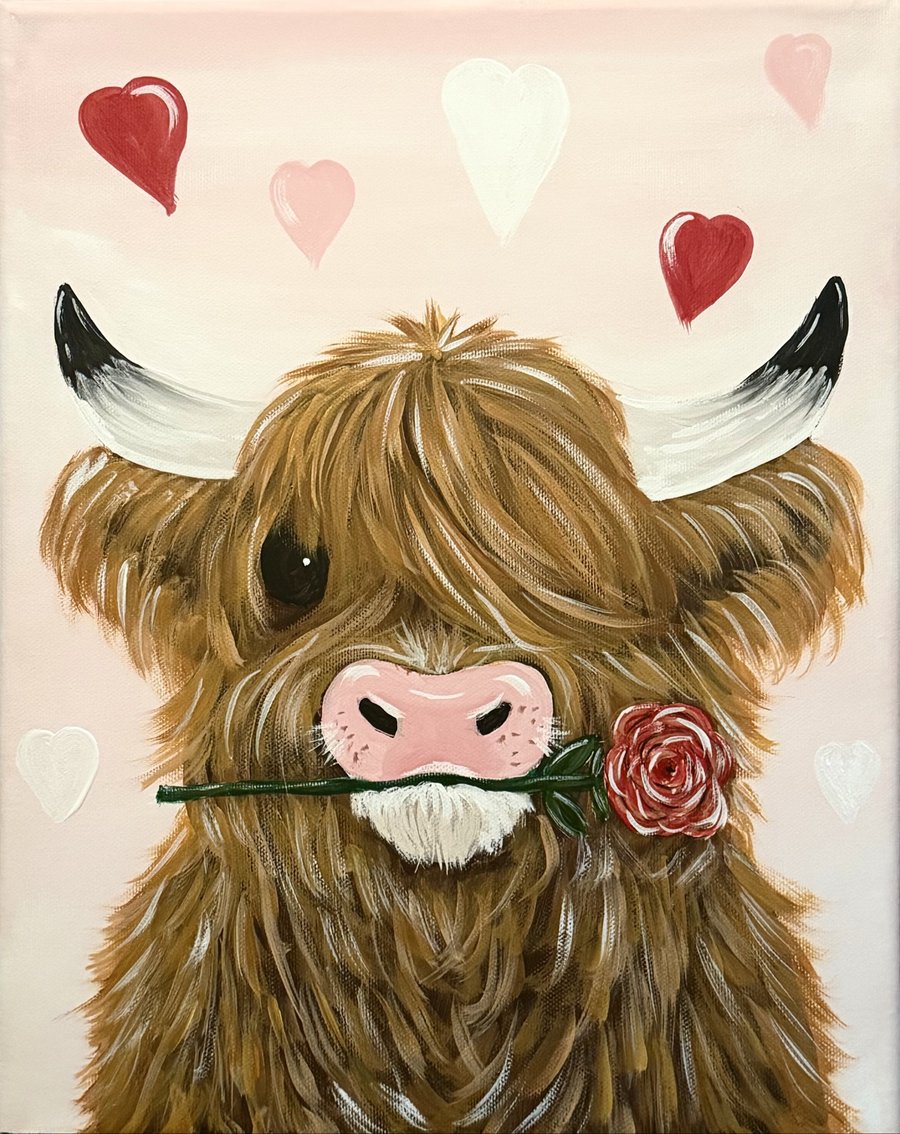 Highland cow with hearts and a rose, painted at a Painted Scene party