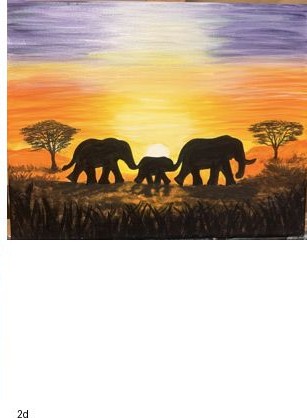 Elephants walking at sunset painting