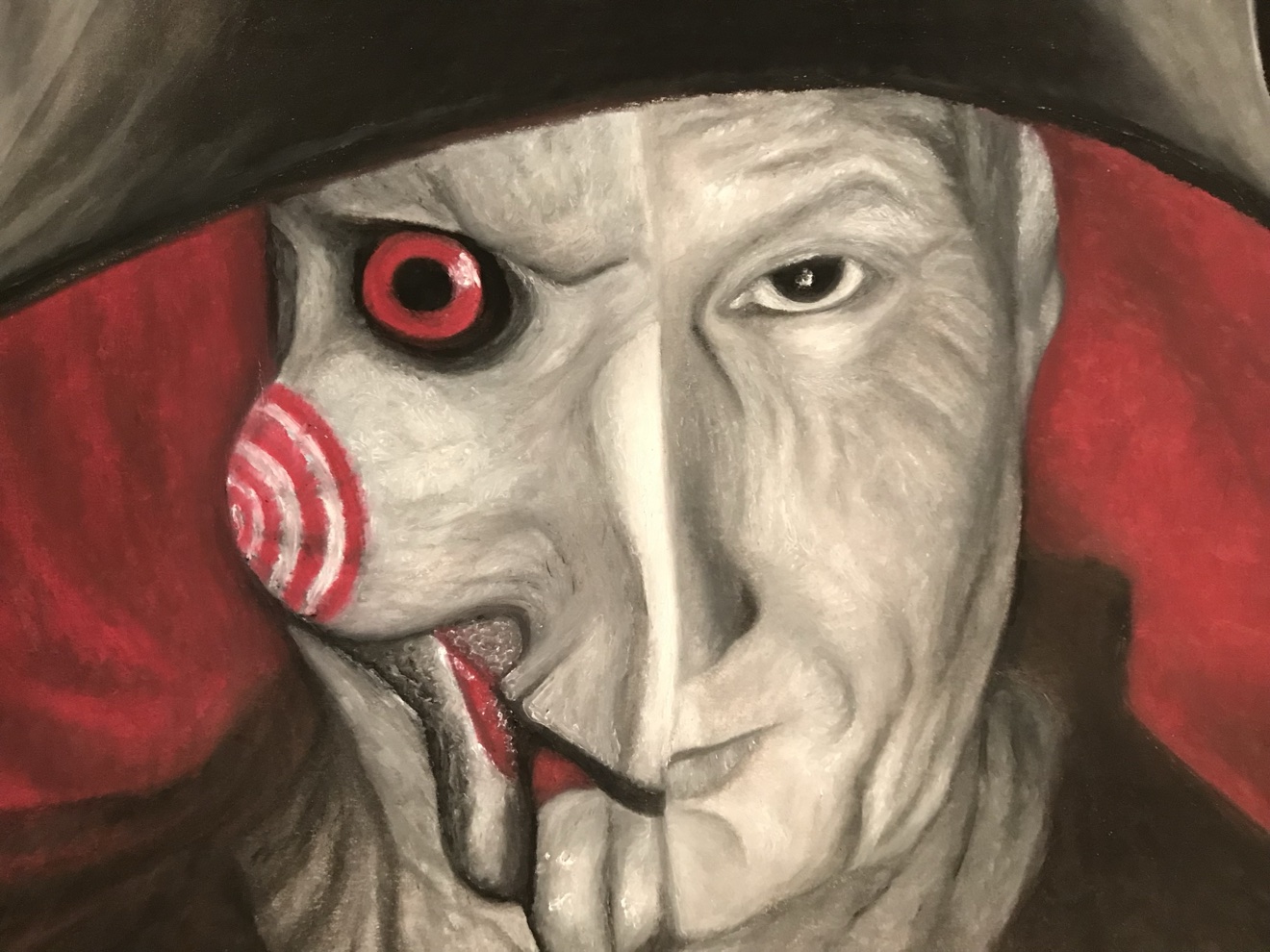 Half Jigsaw puppet, half human face painting in black, white, and red
