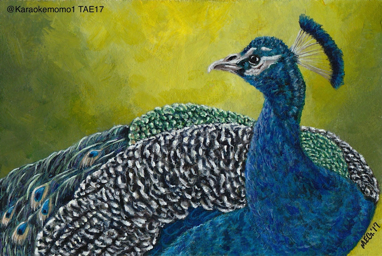Peacock portrait painting on a green and gold background