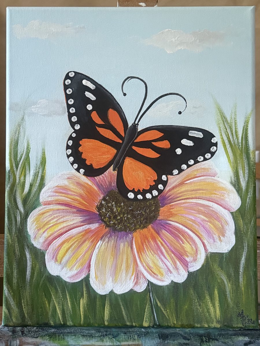 Monarch butterfly on a pink flower painting