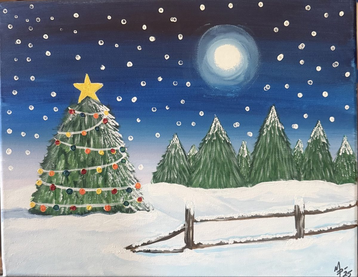 Christmas tree in falling snow painting