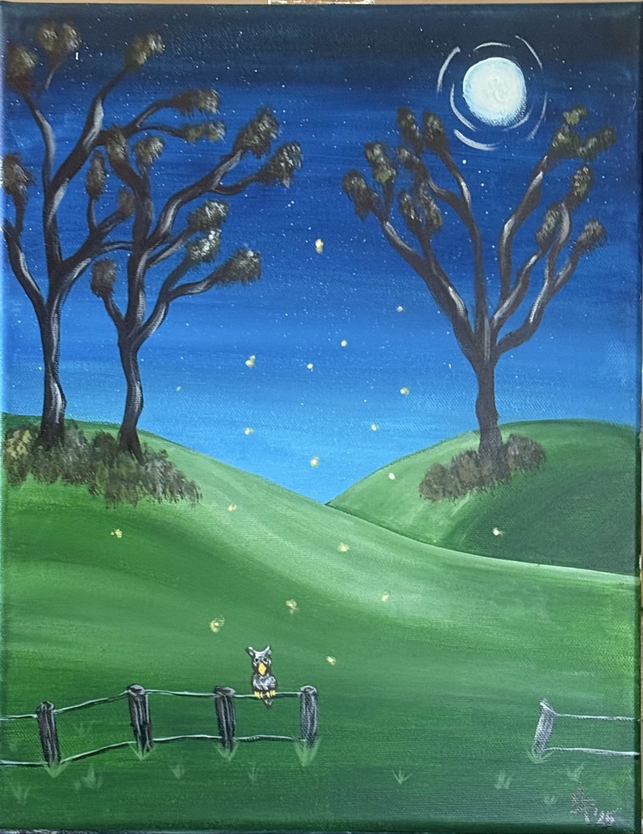 Moonlit hills and bare trees painting