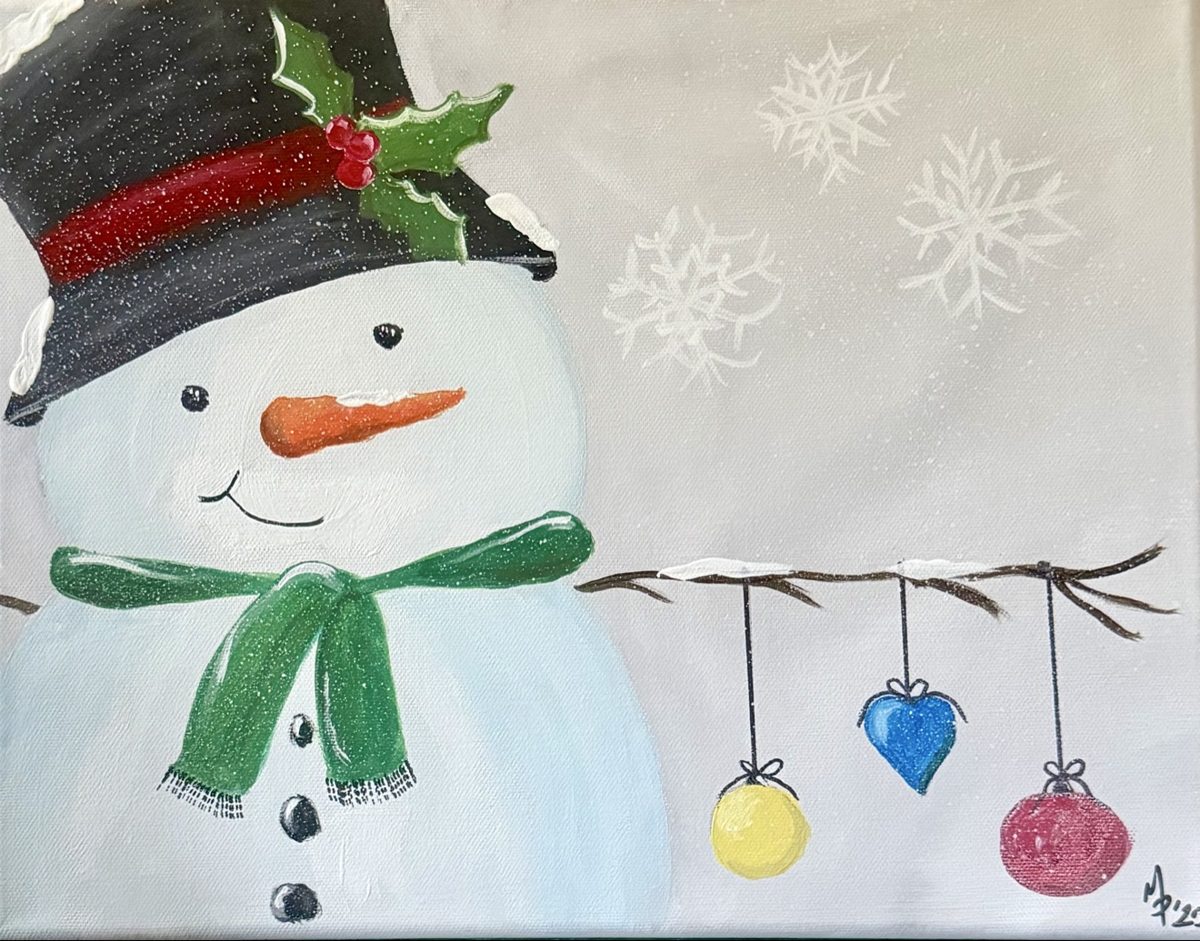 Snowman with hanging ornaments painting
