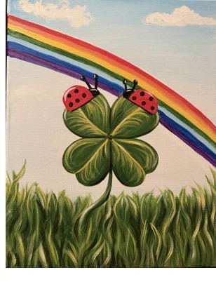 Shamrock with ladybugs under a rainbow painting