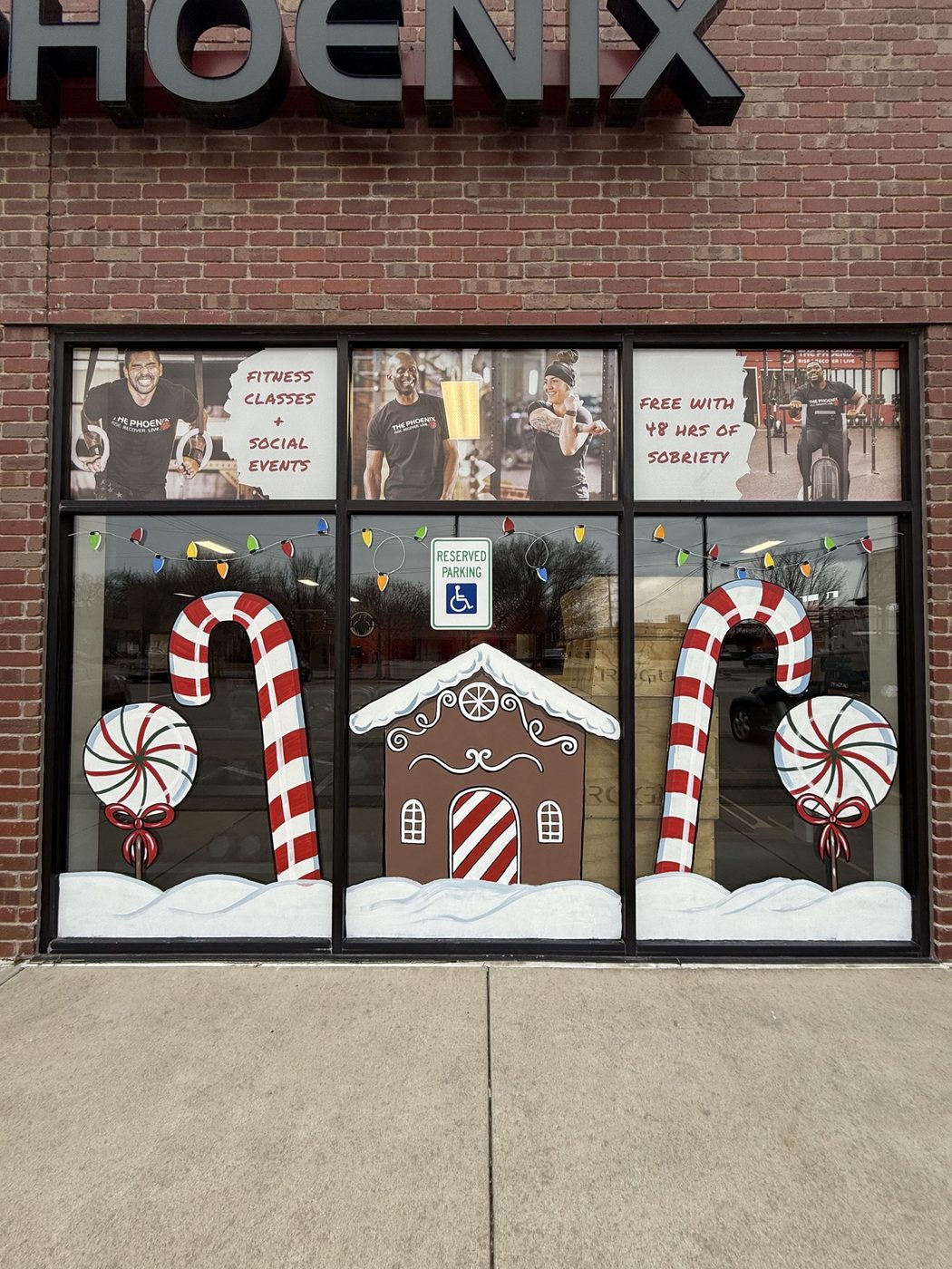 Candy cane and gingerbread house window painting