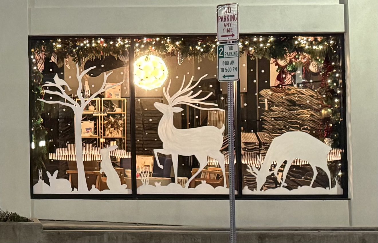 Close-up of reindeer and rabbit window painting at night